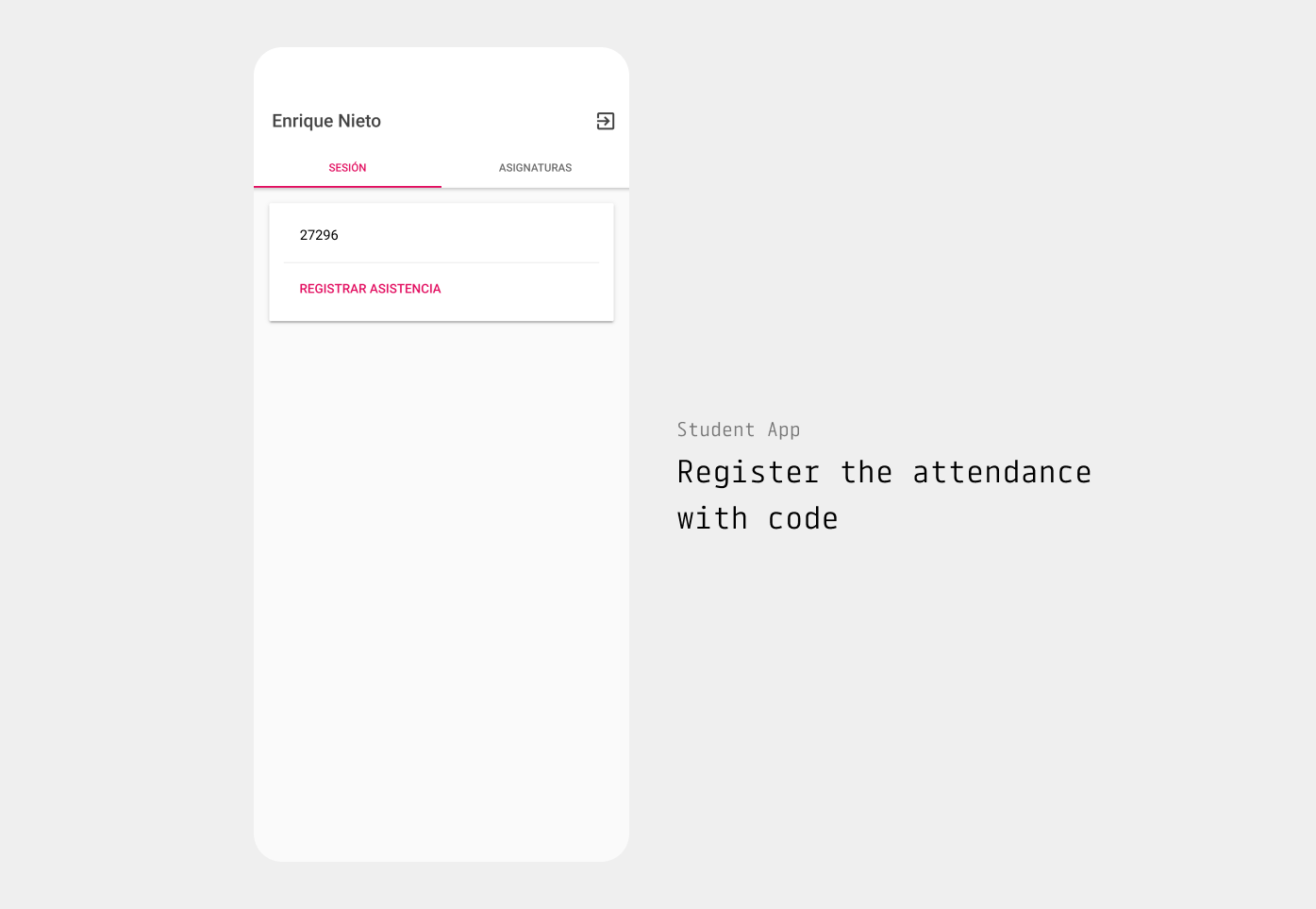 Screenshot showing the system to register the attendance with code in the students app