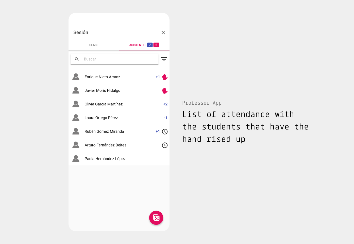 Screenshot showing the list of attendance with the students that have title hand rised up in the professor app