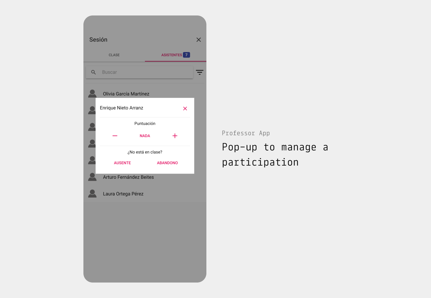 Screenshot showing the pop up to manage a participation in the professor app
