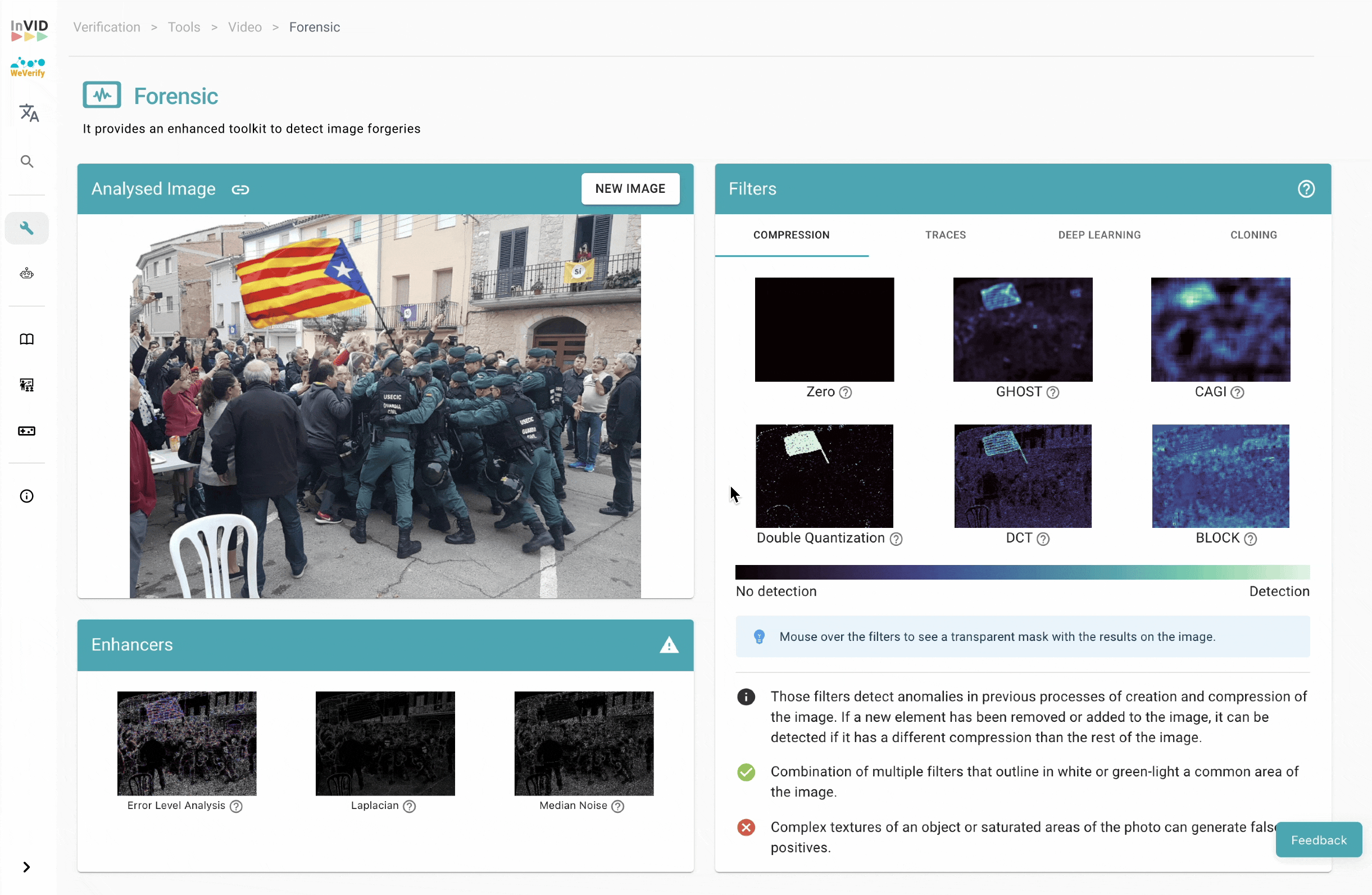Gif showing the use of the filters in the forensic tool