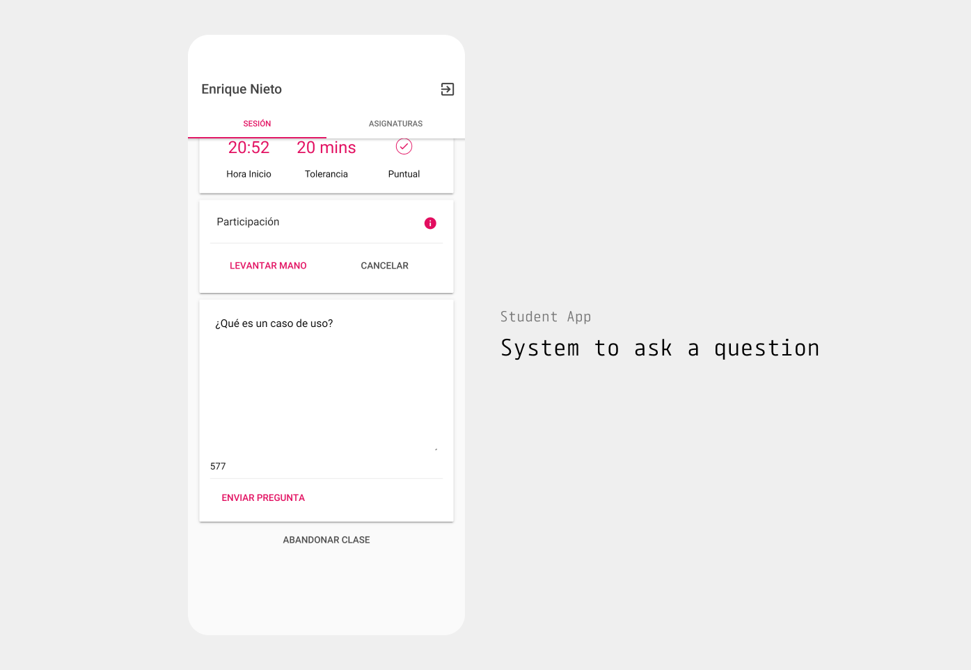 Screenshot showing the system to ask a question in the students app