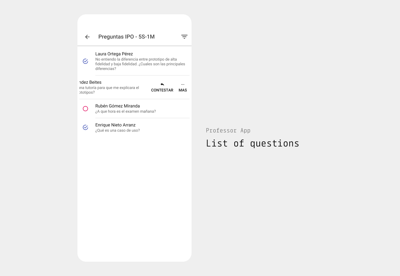 Screenshot showing the list of questions in the professor app