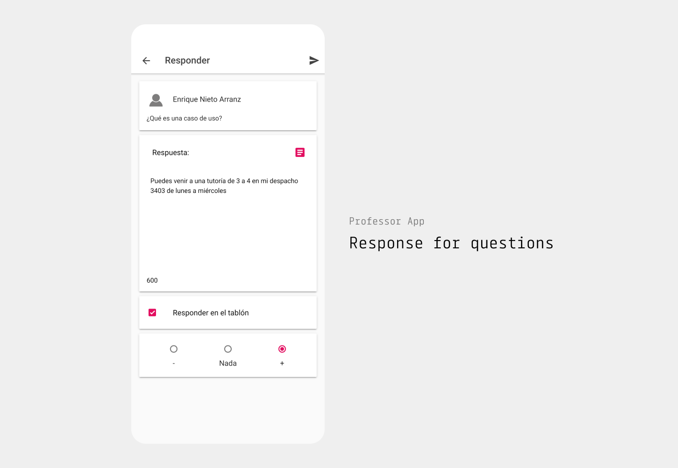 Screenshot showing the response of questions in the professor app