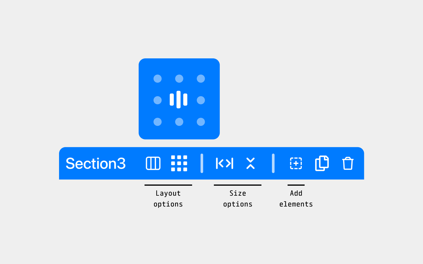 UI design of the quick access toolbar for elements selected