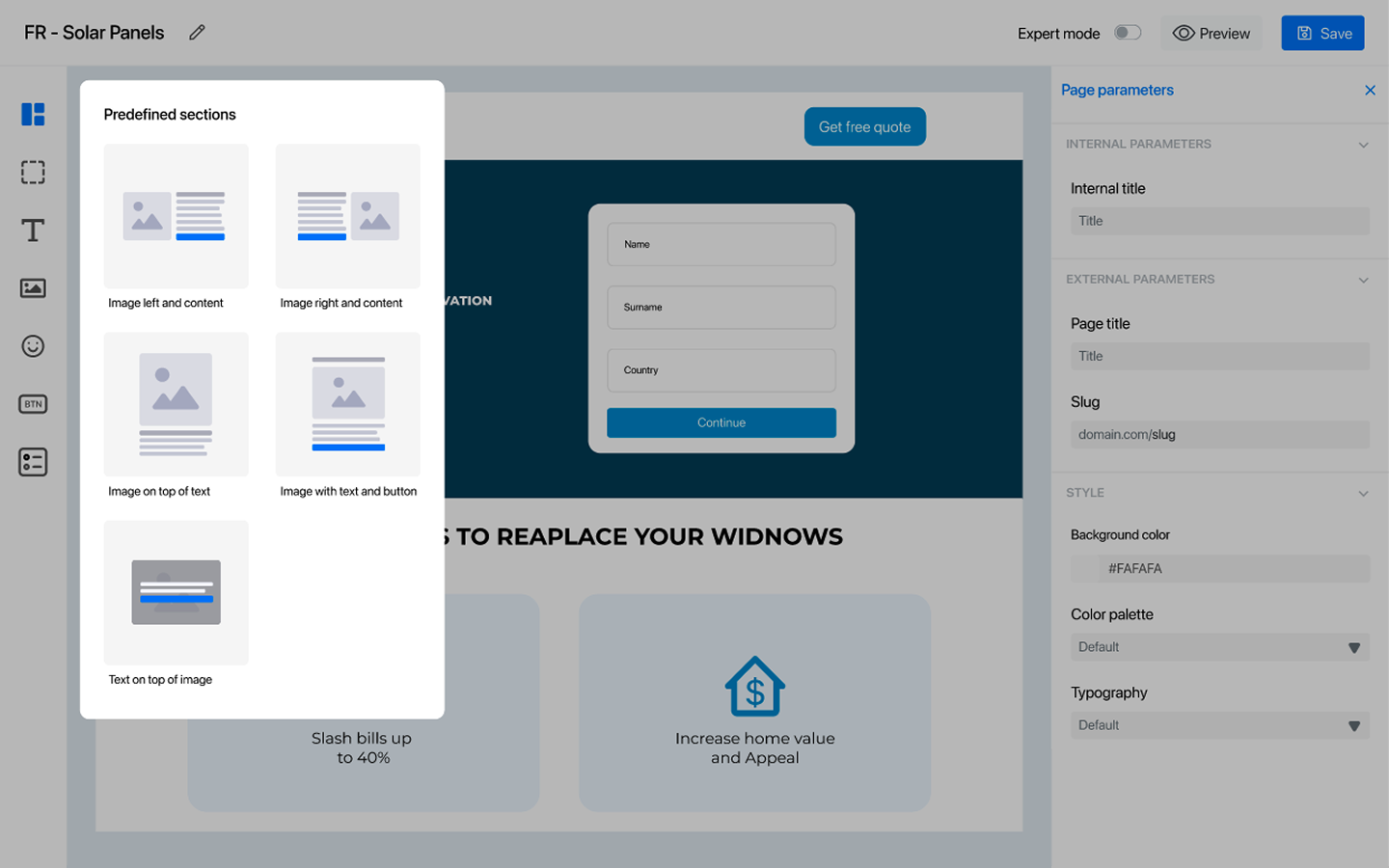 Screenshot showing the predefined sections